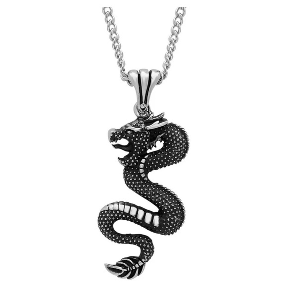 Believe nwt Men's Black Stainless Steel Wyrm Dragon Textured Pendant Necklace